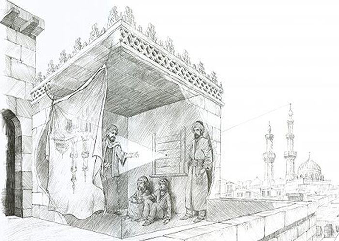 Drawing depicts Ibn al-Haytham conducting first science experiment