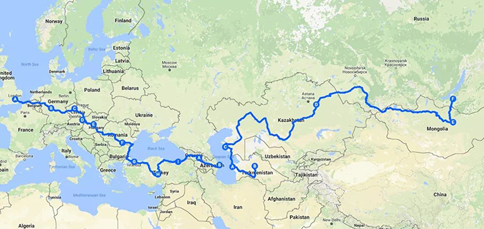 Map of 2017 Mongol Rally route