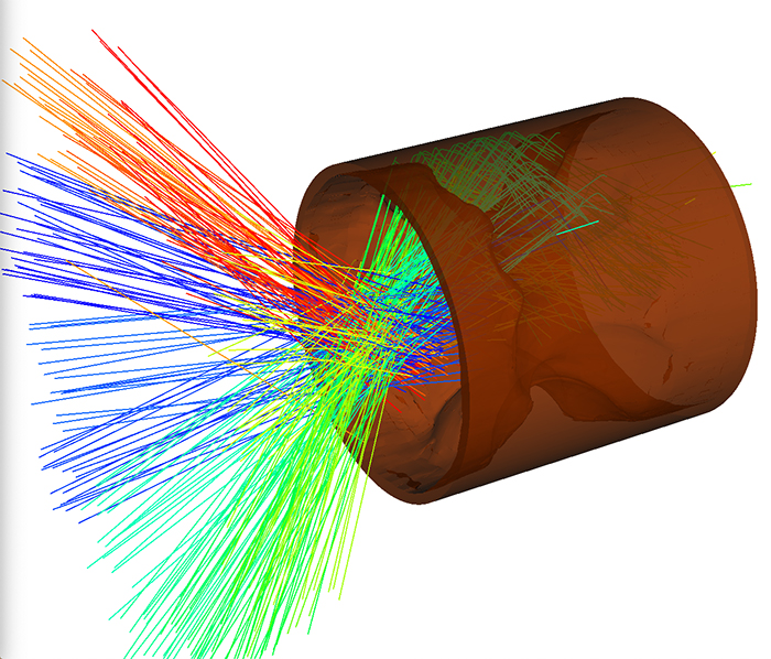 The multiphysics code KULL simulates laser beams shooting into the laser entrance hole of a gold hohlraum