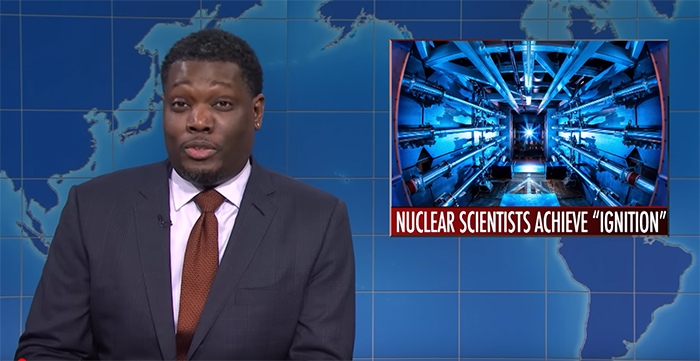 Comedian Michael Che jokes about “ignition” on Saturday Night Live’s “Weekend Update.”