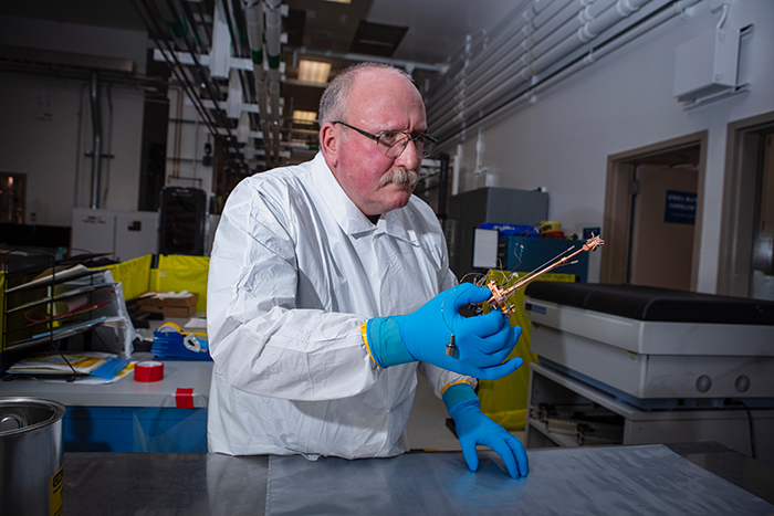 HHMA manager Stephen Moyle holding the target stalk used in the Dec. 5 experiment