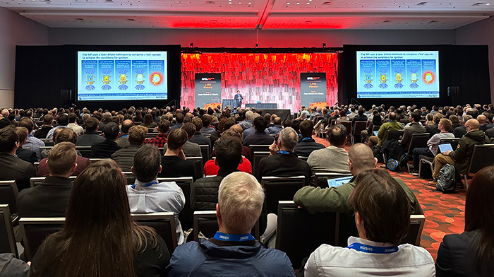 Jean-Michel Di Nicola delivers his plenary address to a standing-room-only crowd at SPIE Photonics West