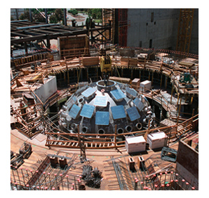 10-meter-diameter Target Chamber, shown being lowered into place in 1999
